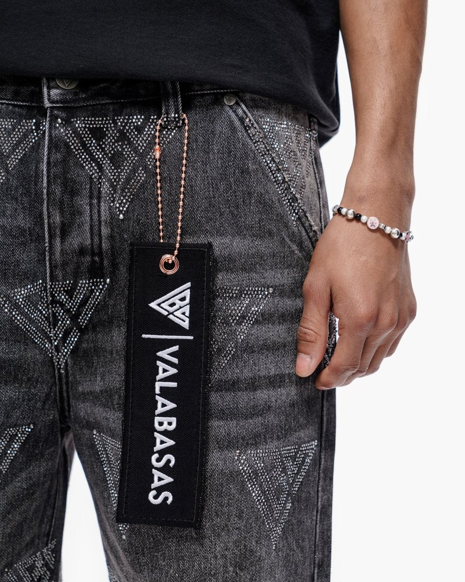 Valabasas Palace Rhinestone Shorts - Grey Wash by Denim Exchange