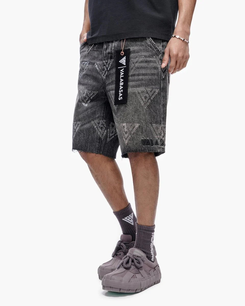 Valabasas Palace Rhinestone Shorts - Grey Wash by Denim Exchange