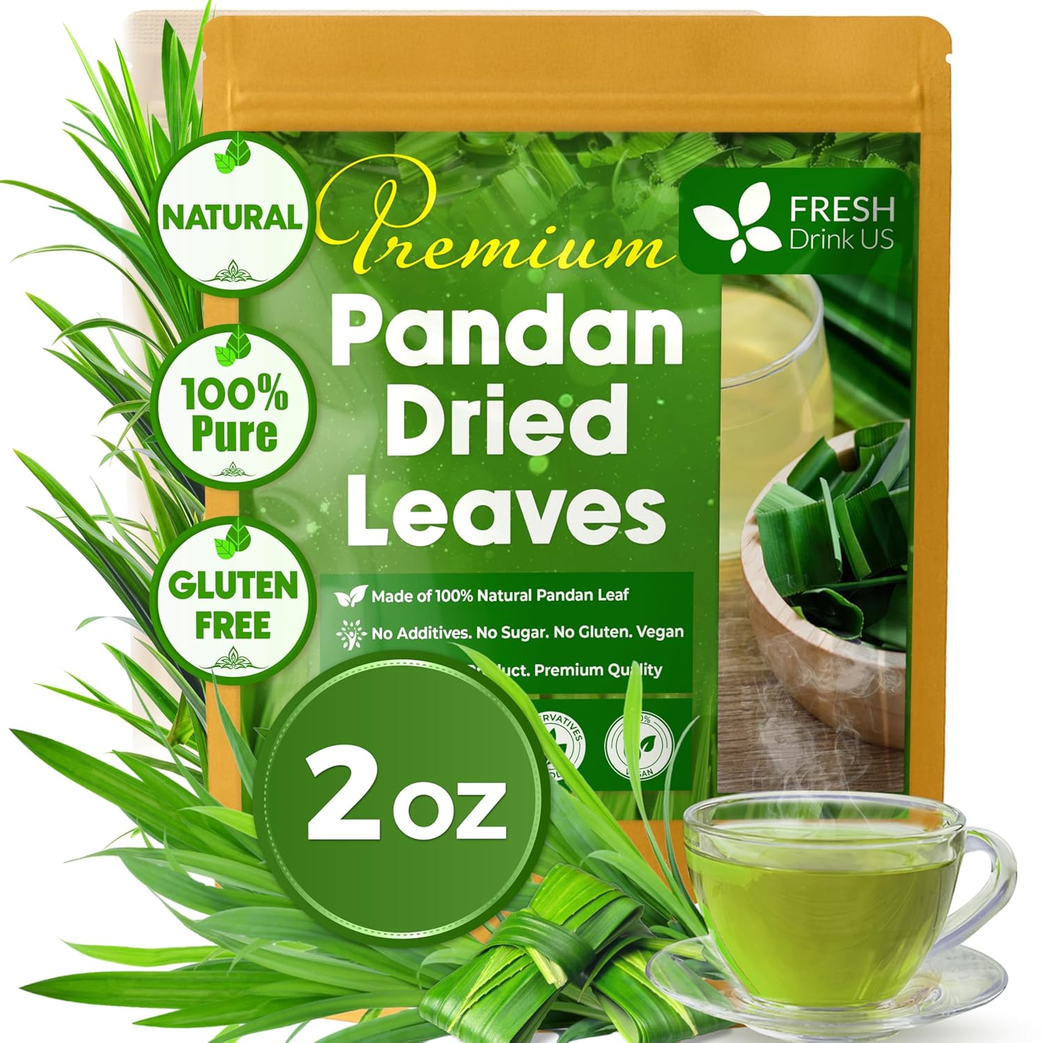 Natural Pandan Leaves Dried, No Additives, No Caffeine, Vegan by FreshDrinkUS - Natural and Premium Herbal Tea