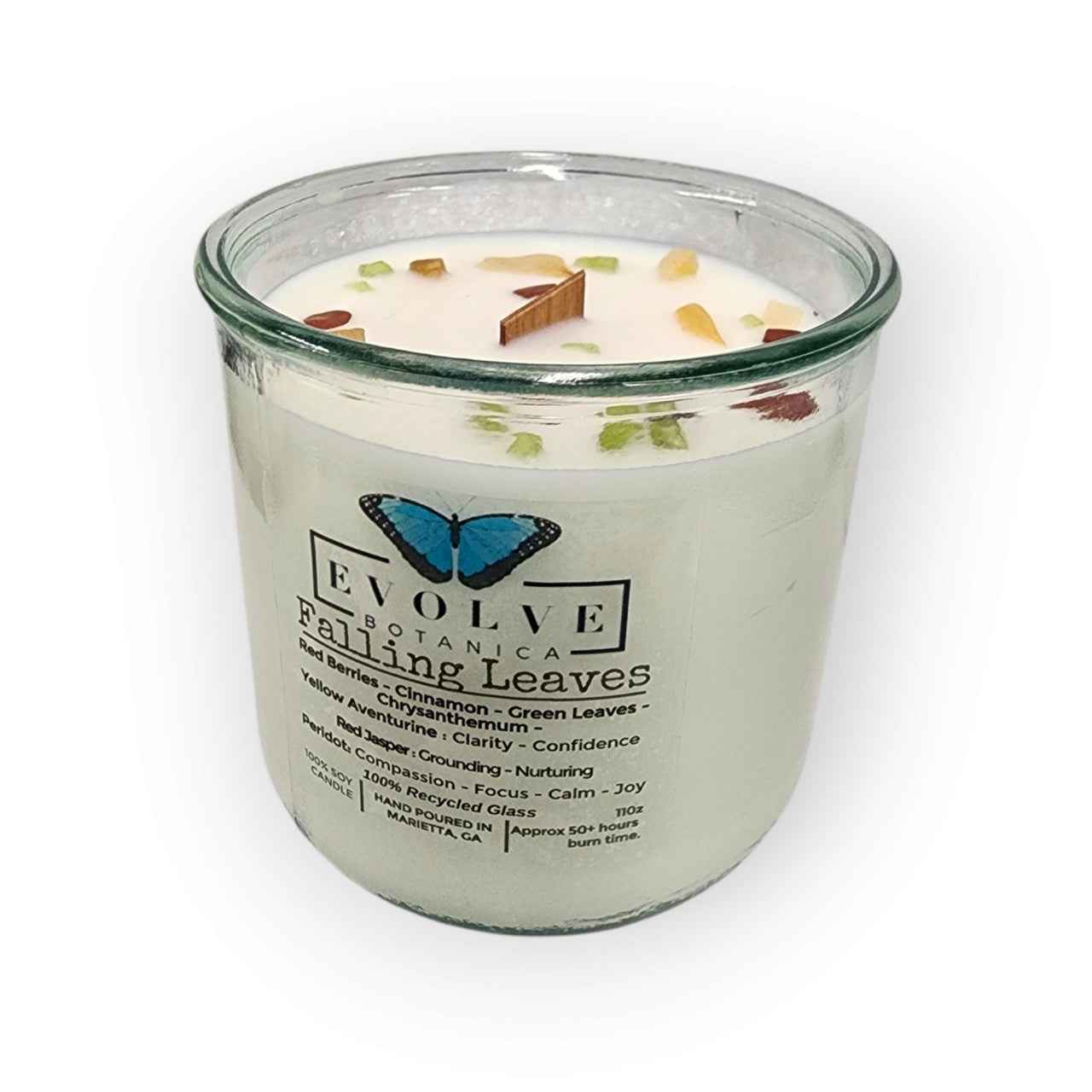 Rocks Candle - Falling Leaves (Wood Wick, Peridot, Red Jasper, & Yellow Aventurine Gemstone Soy Candle)