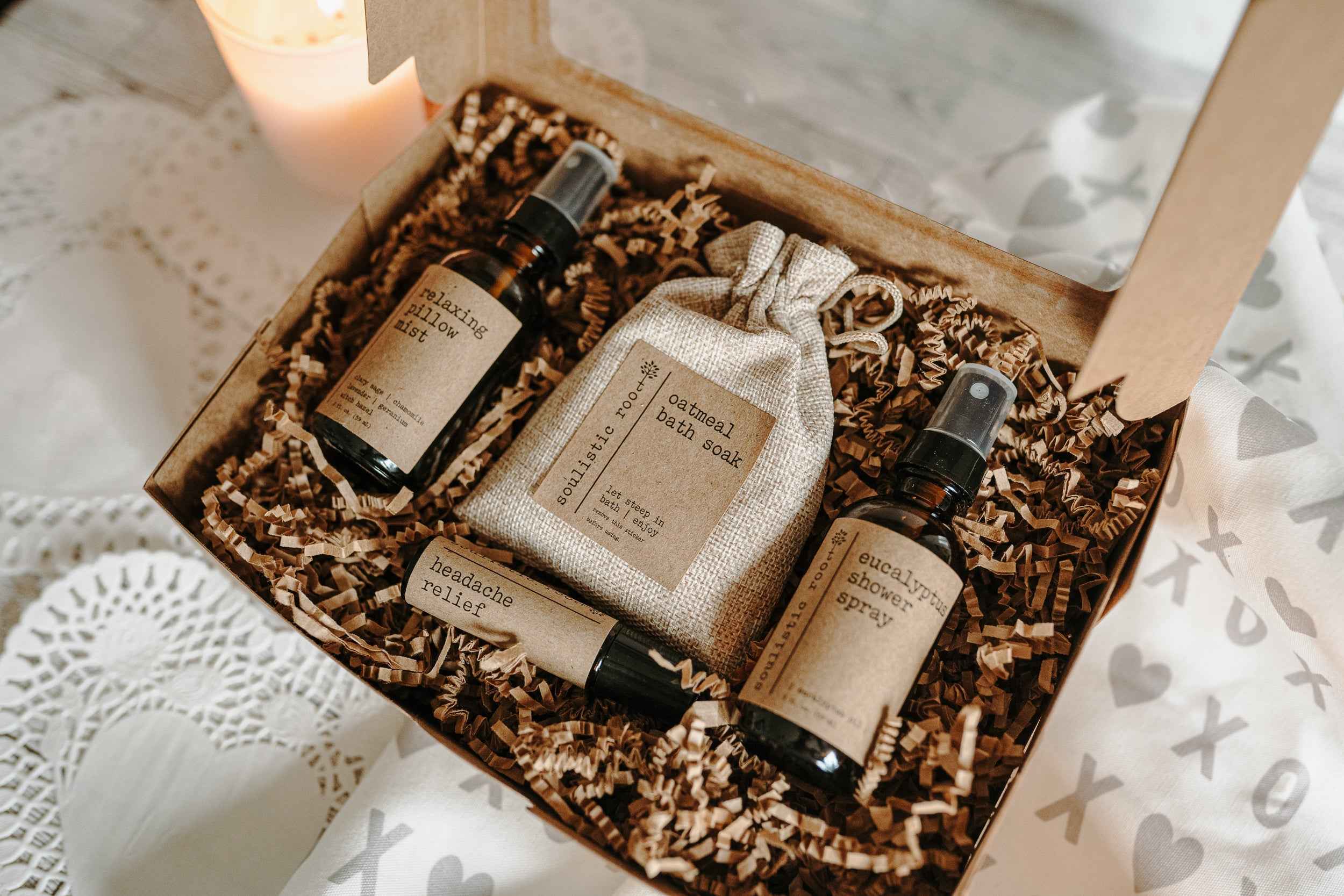 Gift Set- Shower Spray, Pillow Mist, Oatmeal Soak, Headache Relief by Soulistic Root