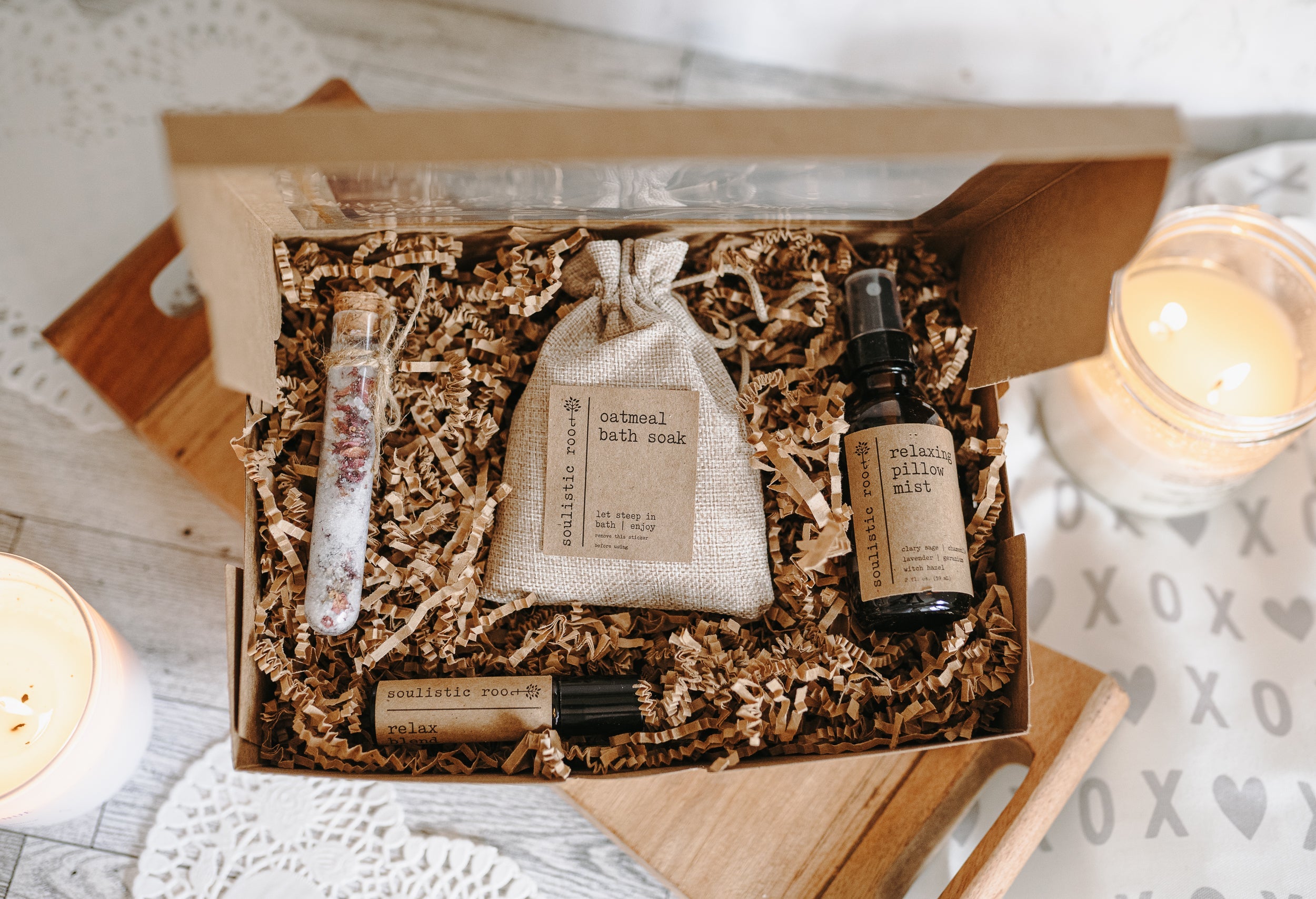 Gift Set - Pillow Spray, Relax Roller, Oatmeal Soak & Rose Test Tubes by Soulistic Root