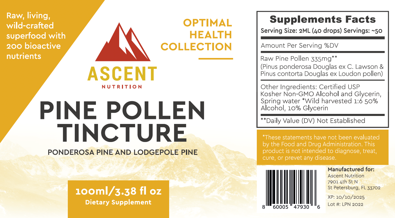 Wild-Harvested Pine Pollen Tincture, 335 mg by Ascent Nutrition