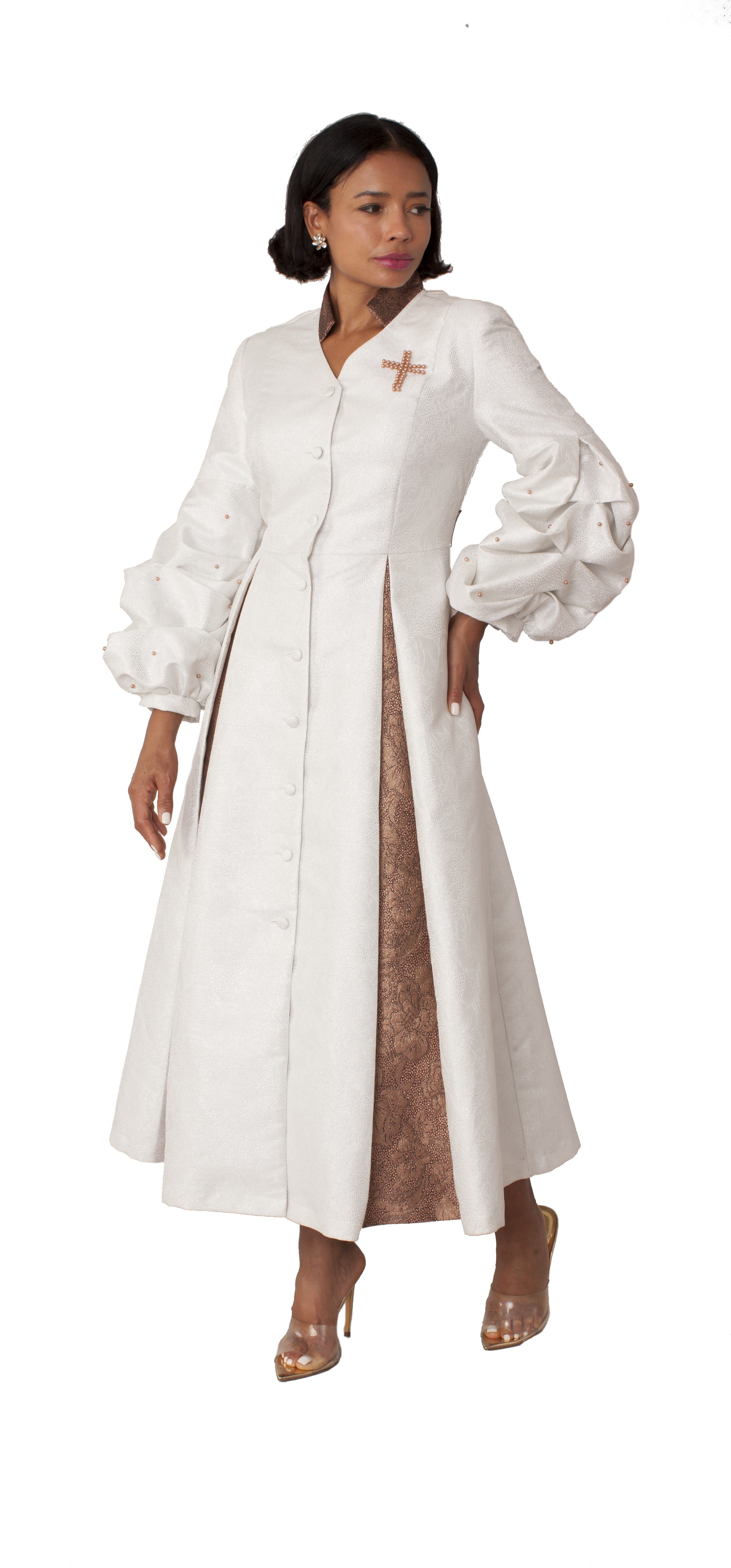 Plus Size Formal Church Coat Dress with Puff Sleeves and Pearl Cross – 4850W by Tally Taylor