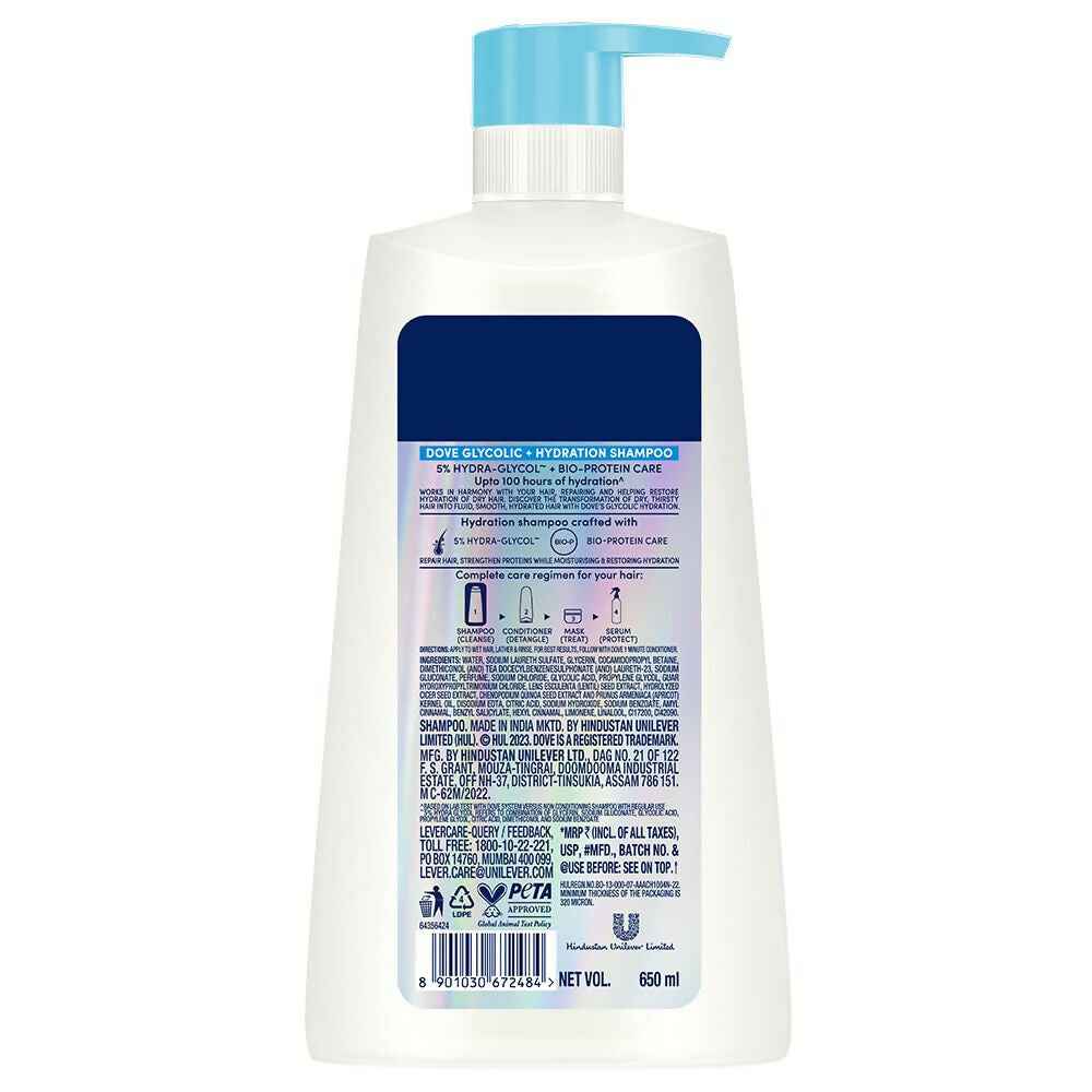Dove Glycolic + Hydration Shampoo With 5% Hydra-Glycol For Upto 100 Hours Of Hydrated, Fluid Hair
