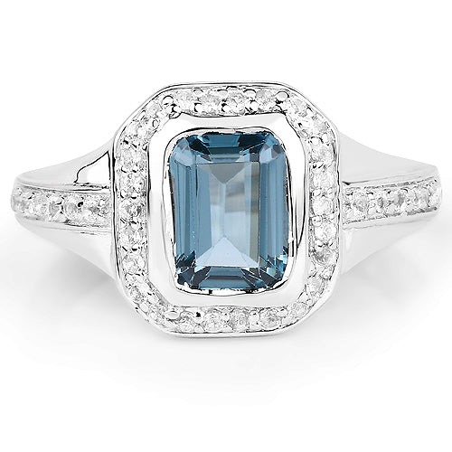 2.29 Carat Genuine London Blue Topaz and White Topaz .925 Sterling Silver Ring DestGlow