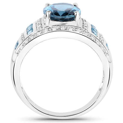3.24 Carat Genuine London Blue Topaz and White Topaz .925 Sterling Silver Ring DestGlow