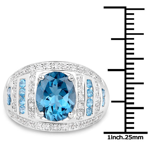 3.24 Carat Genuine London Blue Topaz and White Topaz .925 Sterling Silver Ring DestGlow