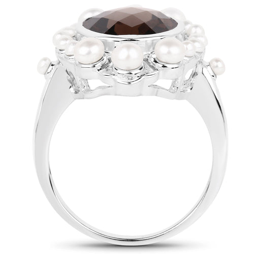 5.75 Carat Genuine Smoky Quartz and Pearl .925 Sterling Silver Ring by Bids.com