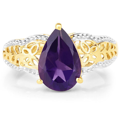 14K Yellow Gold Plated 2.50 Carat Genuine Amethyst .925 Sterling Silver Ring DestGlow