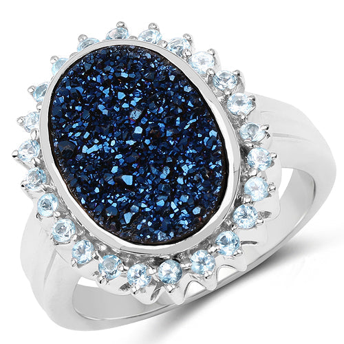 3.68 Carat Genuine Cobalt Blue Drusy & Swiss Blue Topaz .925 Sterling Silver Ring DestGlow