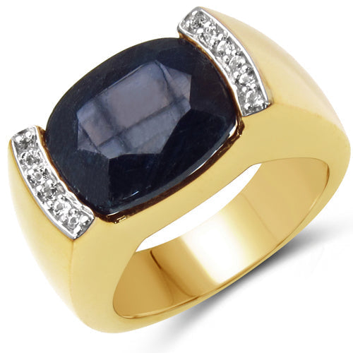 14K Yellow Gold Plated 9.07 Carat Genuine Sapphire & White Topaz .925 Sterling Silver Ring DestGlow