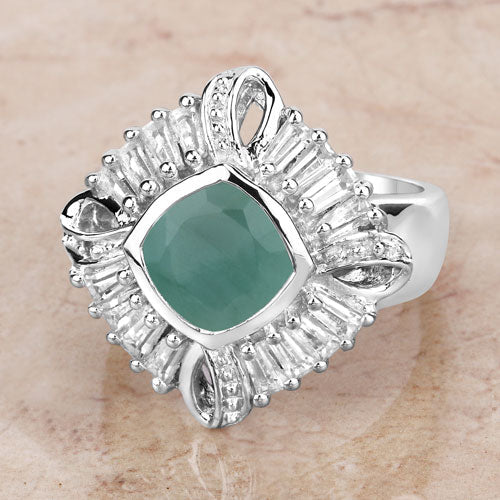 "2.57 Carat Genuine Emerald, White Topaz and White Diamond .925 Sterling Silver Ring by Bids.com