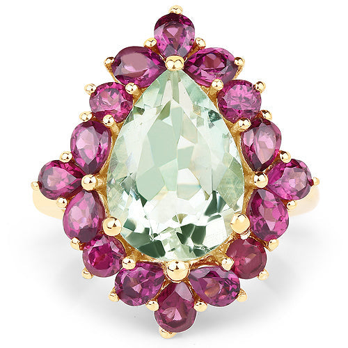 14K Yellow Gold Plated 7.21 Carat Genuine Green Amethyst and Rhodolite .925 Sterling Silver Ring by Bids.com