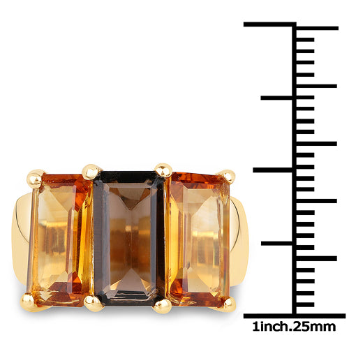 14K Yellow Gold Plated 8.14 Carat Genuine Smoky Quartz, Citrine and Champagne Quartz .925 Sterling Silver Ring by Bids.com