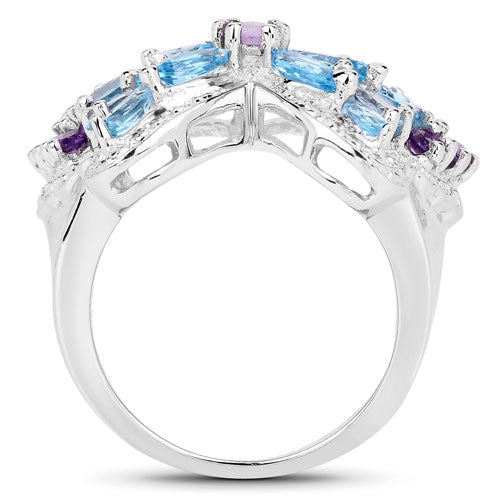 3.56 Carat Genuine Swiss Blue Topaz and Amethyst .925 Sterling Silver Ring DestGlow