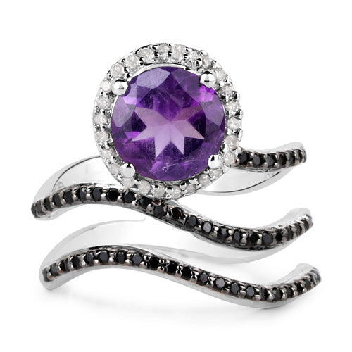 2.31 Carat Genuine Amethyst, Black Spinel and White Diamond .925 Sterling Silver Ring by Bids.com