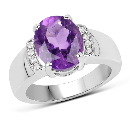 3.32 Carat Genuine Amethyst and White Topaz .925 Sterling Silver Ring DestGlow