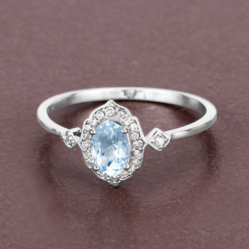 0.48 Carat Genuine Aquamarine and White Diamond 14K White Gold Ring DestGlow