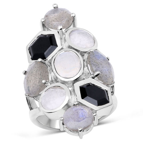 10.30 Carat Genuine White Rainbow Moonstone, Labradorite And Black Onyx .925 Sterling Silver Ring by Bids.com
