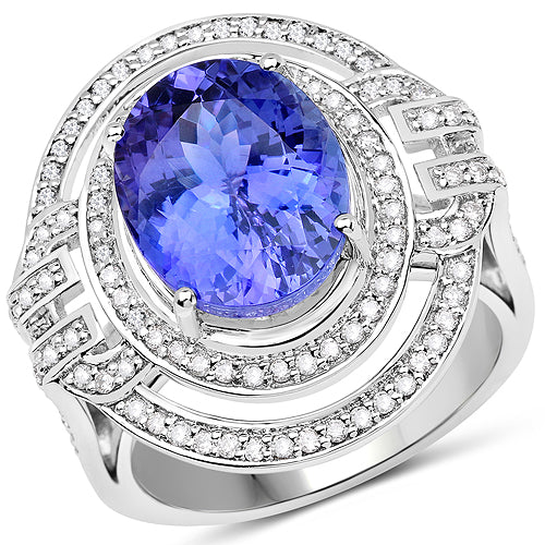 14K White Gold 6.83 Carat Genuine Tanzanite and White Diamond Ring by Bids.com