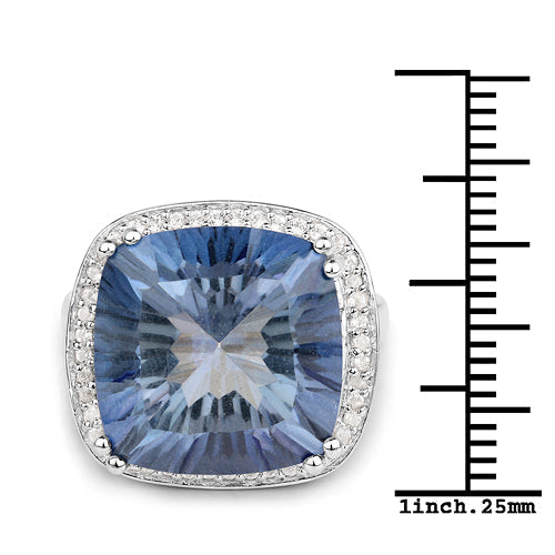 13.95 Carat Genuine Blue Mystic Quartz and White Topaz .925 Sterling Silver Ring DestGlow