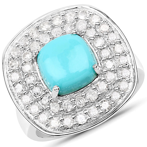 2.80 Carat Genuine Turquoise and White Diamond .925 Sterling Silver Ring by Bids.com