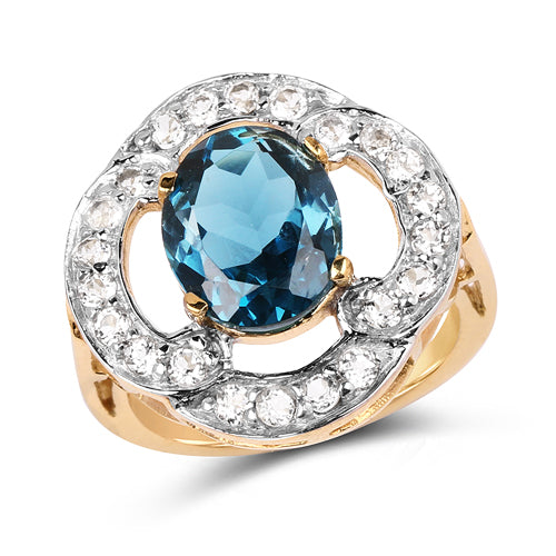 14K Yellow Gold Plated 5.13 Carat Genuine London Blue Topaz & White Topaz .925 Sterling Silver Ring DestGlow