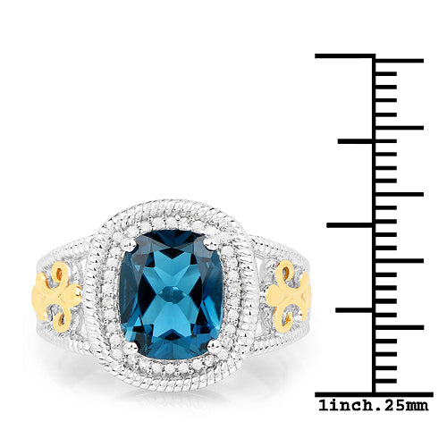 3.59 Carat Genuine London Blue Topaz and White Diamond 14K Yellow Gold with .925 Sterling Silver Ring by Bids.com