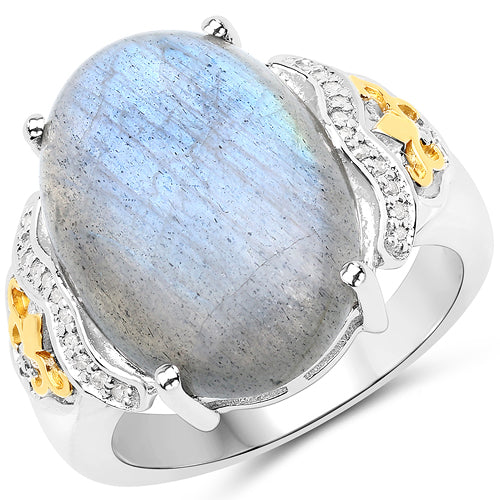 10.56 Carat Genuine Labradorite and White Diamond 14K Yellow Gold with .925 Sterling Silver Ring by Bids.com