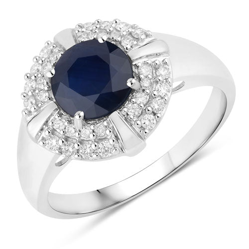 1.71 Carat Genuine Blue Sapphire and White Diamond 10K White Gold Ring DestGlow