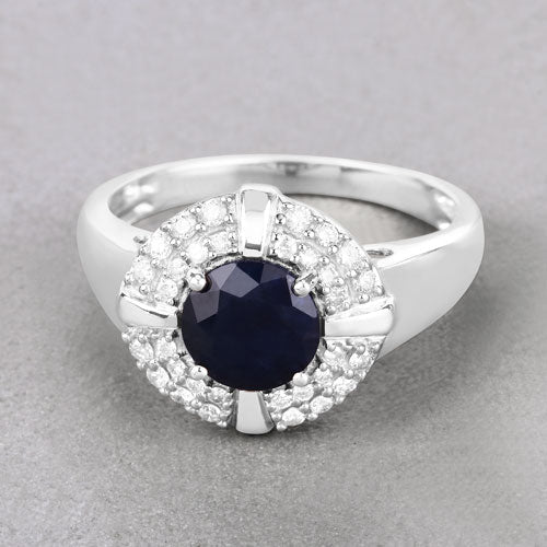 1.71 Carat Genuine Blue Sapphire and White Diamond 10K White Gold Ring DestGlow