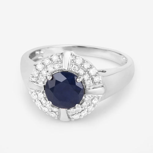 1.71 Carat Genuine Blue Sapphire and White Diamond 10K White Gold Ring DestGlow