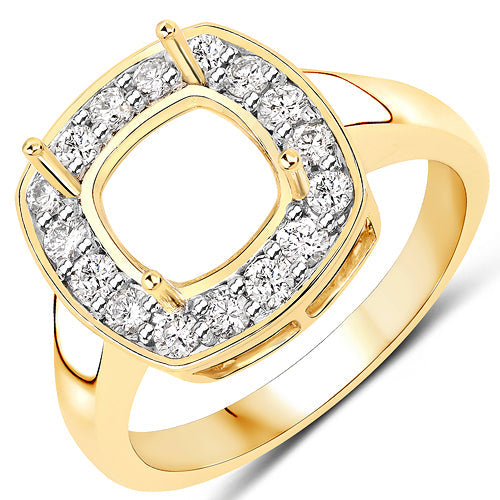0.48 Carat Genuine White Diamond 14K Yellow Gold Semi Mount Ring - holds 8x8mm Cushion Gemstone by Bids.com