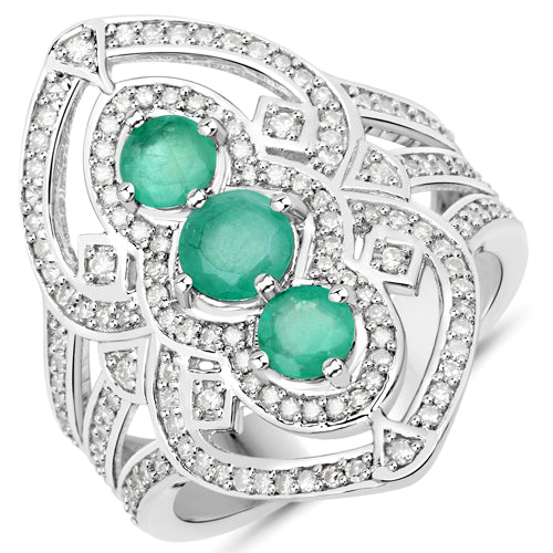 1.42 Carat Genuine Emerald and White Diamond .925 Sterling Silver Ring DestGlow
