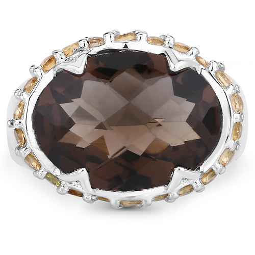 Two Tone Plated 9.58 Carat Genuine Smoky Quartz & Citrine .925 Sterling Silver Ring DestGlow