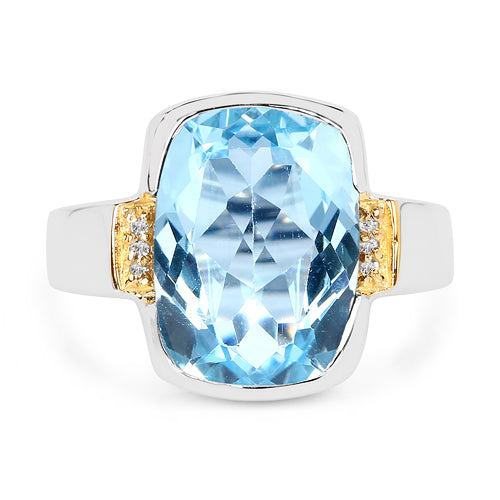 Two Tone Plated 6.93 Carat Genuine Blue Topaz & White Topaz .925 Sterling Silver Ring DestGlow