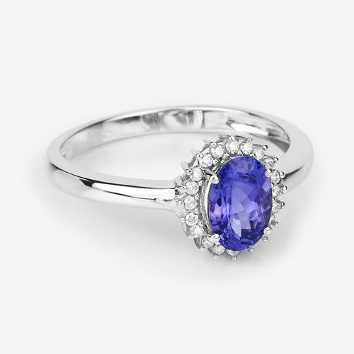 0.86 Carat Genuine Tanzanite and White Diamond 14K White Gold Ring DestGlow