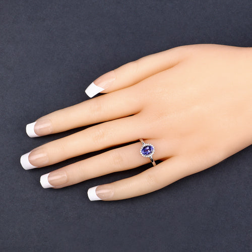0.86 Carat Genuine Tanzanite and White Diamond 14K White Gold Ring DestGlow