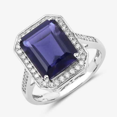 3.70 Carat Genuine Iolite and White Diamond 14K White Gold Ring by Bids.com