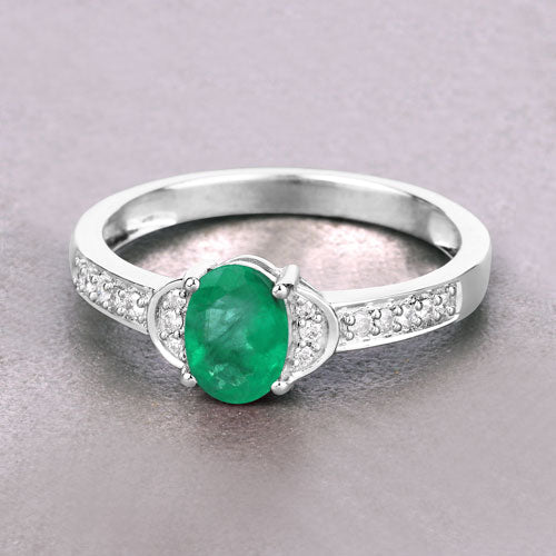 0.82 Carat Genuine Zambian Emerald and White Diamond 10K White Gold Ring DestGlow