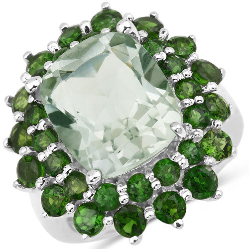 9.89 Carat Genuine Green Amethyst and Chrome Diopside .925 Sterling Silver Ring DestGlow