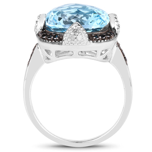 8.29 Carat Genuine Swiss Blue Topaz, Black Diamond & White Diamond .925 Sterling Silver Ring by Bids.com