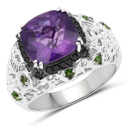 3.27 Carat Genuine Amethyst, Chrome Diopside & Black Diamond .925 Sterling Silver Ring by Bids.com