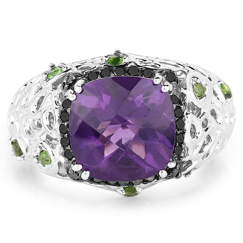 3.27 Carat Genuine Amethyst, Chrome Diopside & Black Diamond .925 Sterling Silver Ring by Bids.com