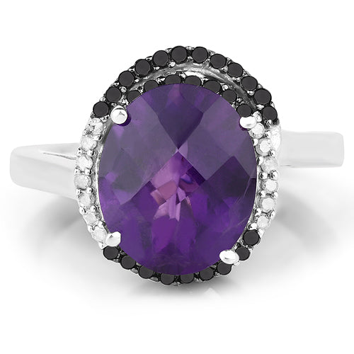 4.52 Carat Genuine Amethyst, Black Diamond & White Diamond .925 Sterling Silver Ring by Bids.com