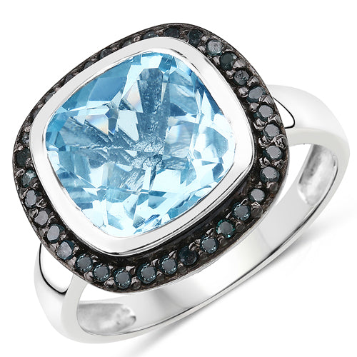 5.23 Carat Genuine Swiss Blue Topaz and Black Diamond .925 Sterling Silver Ring by Bids.com