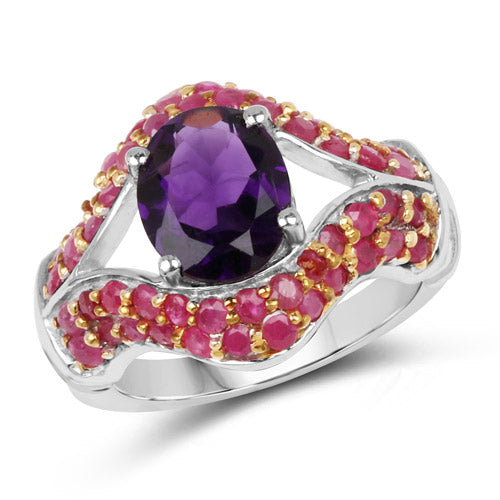 3.53 Carat Genuine Amethyst and Ruby .925 Sterling Silver Ring DestGlow
