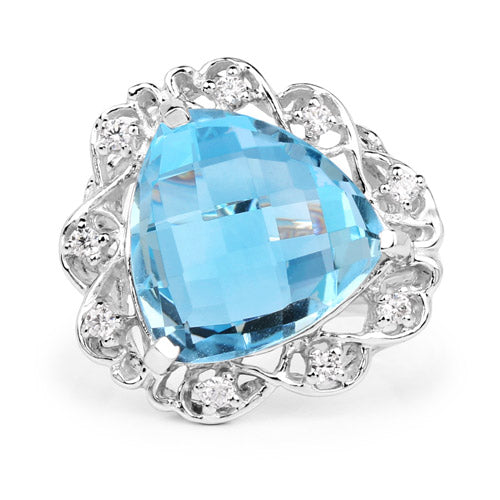 11.01 Carat Genuine Blue Topaz and White Zircon .925 Sterling Silver Ring DestGlow