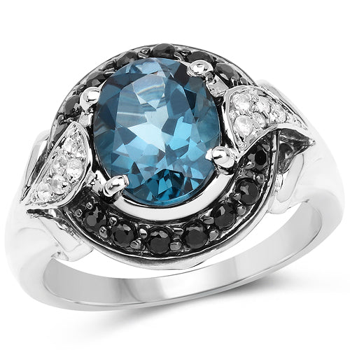 4.27 Carat Genuine London Blue Topaz, Black Spinel & White Topaz .925 Sterling Silver Ring by Bids.com